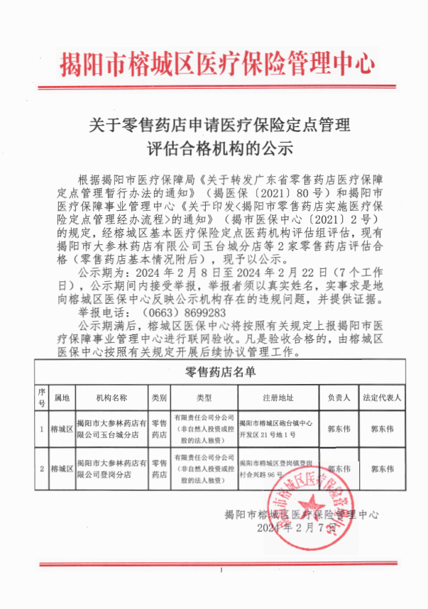关于零售药店申请医疗保险定点管理评估合格机构的公示（20240207）.png